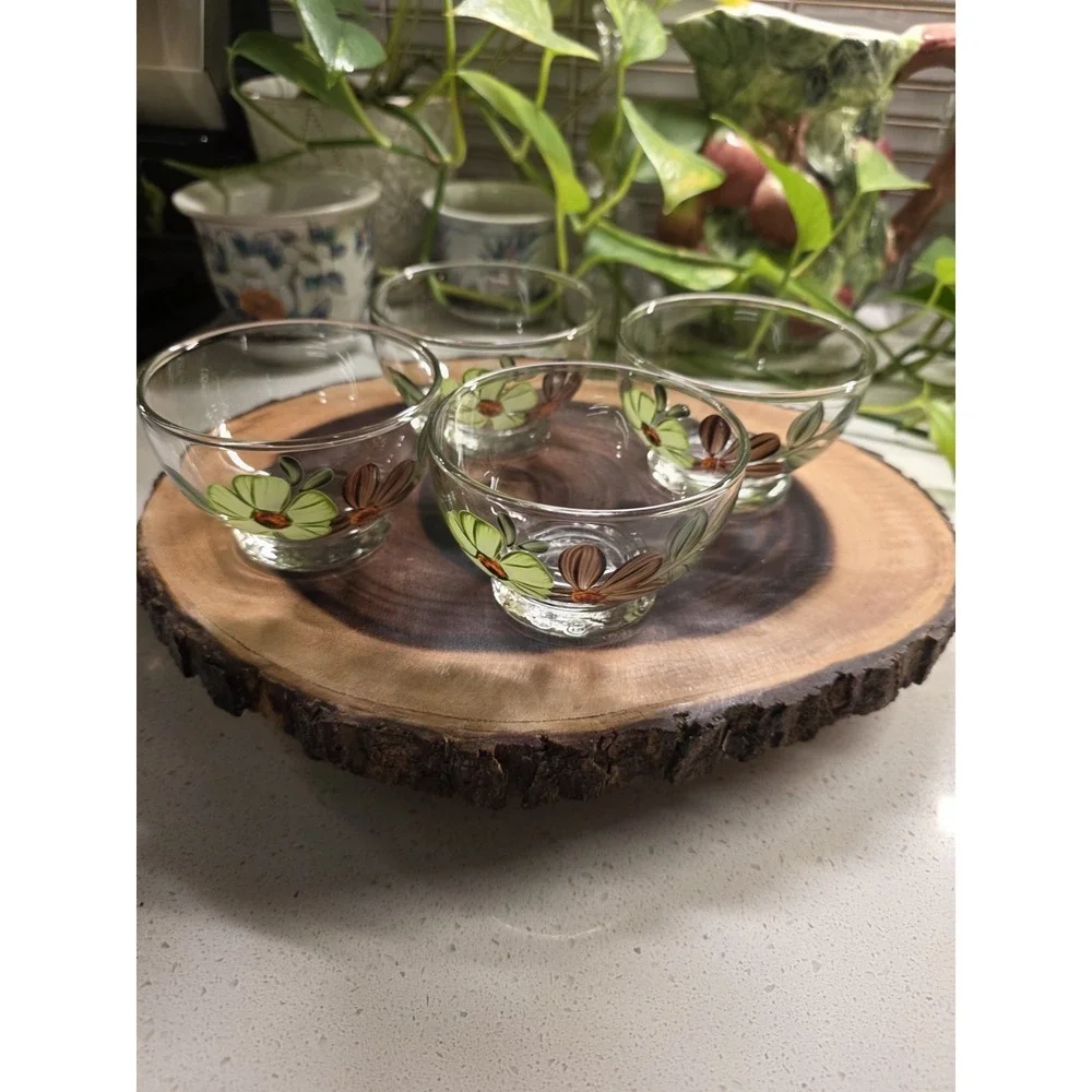 4 VTG BLUE‎ RIDGE POTTERY DAISY SHERBET BOWLS SUN BOUQUET GLASS Green Floral